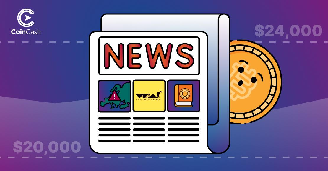 Egy hírlap mögül kinéző, csodálkozó BTC érme